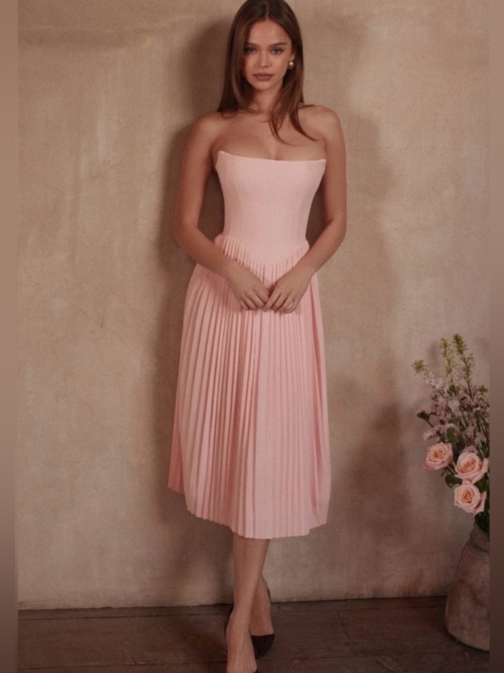 House of CB “Marci” Light Pink Midi Pleated Flowy Dress with Lace Up Corset